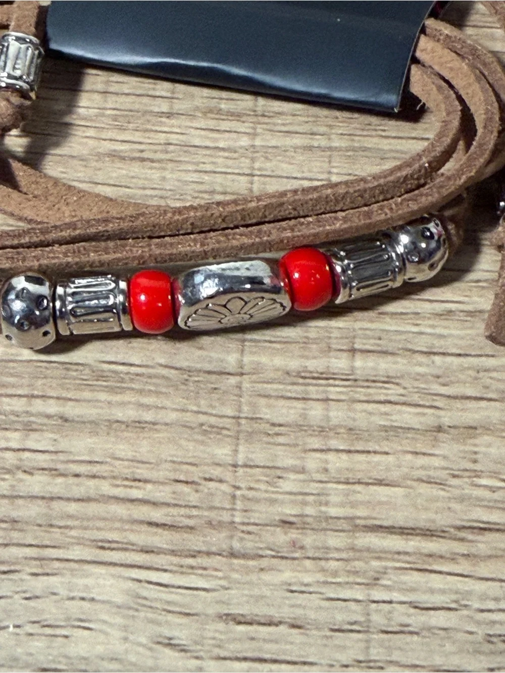 paparazzi Brown Faux Suede Multi‑Wrap Bracelet with Red Accent